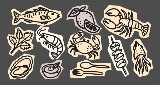 hand drawn seafood scrapbook sticker set with fish crab shrimp lobster squid lemon and cutlery vector illustration