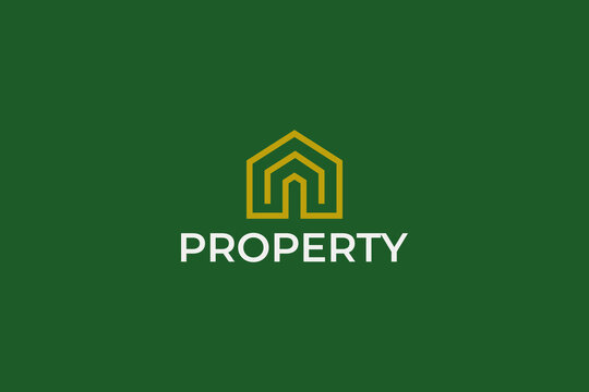 Minimalist Gold House Roof Monoline Logo Template with Geometric Home Icon. Modern Real Estate Architecture Brand Identity Emblem for Construction Property and Mortgage Business.