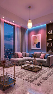 Modern living room with L shaped sofa mood lighting bar cart and city view at dusk