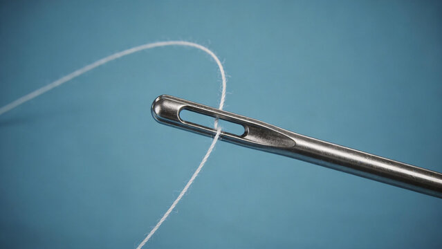 Close up of metal sewing needle with white thread on blue background