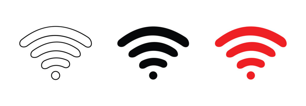 Wifi wireless network signal icon vector collection in outline solid and red color variations