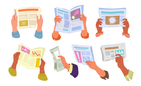 Diverse hands holding and reading different newspapers, featuring articles on science and finance, global events and current affairs. Vector information consumption and media engagement