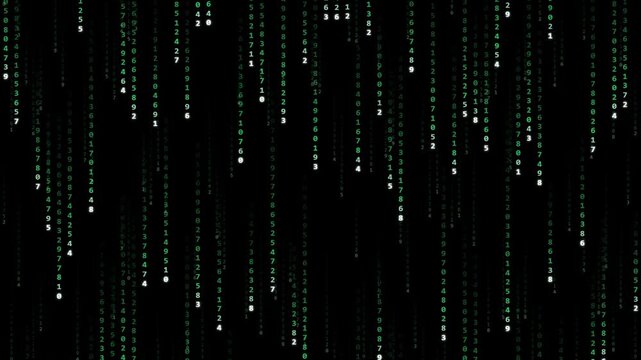Green glowing numbers falling vertically in a digital data rain code sequence background