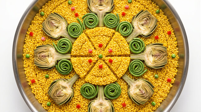 Gourmet vegan paella with saffron rice artichokes and green beans arranged in geometric symmetry, high end plant based spanish cuisine top view concept