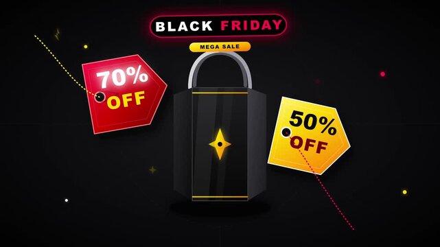 Black Friday mega sale promotion with floating discount tags and lock