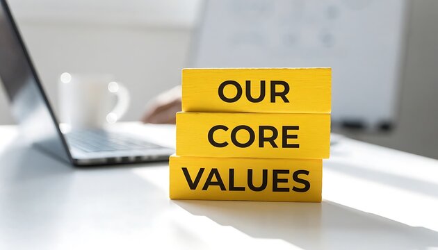 Yellow wooden blocks stacked with the words our core values sit near a laptop on a white desk