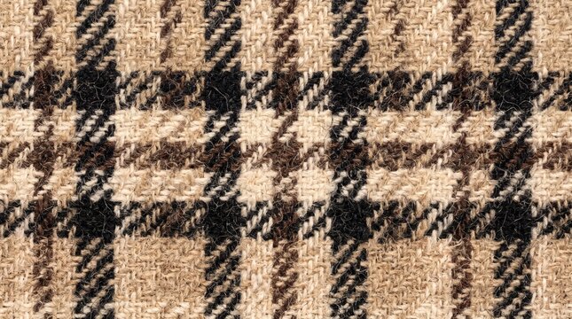Classic plaid tartan wool fabric texture, warm brown and black garment textile pattern background