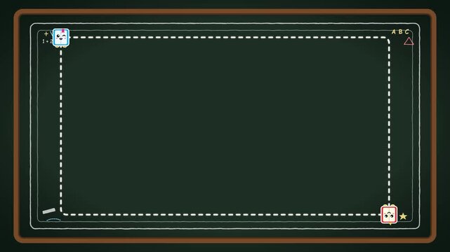 Cute cartoon back to school blackboard frame animation with moving notebook characters and dashed border for kids educational video and kindergarten presentation