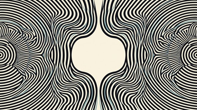 International Day of Neutrality abstract optical illusion with symmetrical black and white wavy lines and central copy space. Visual metaphor for balance, impartiality and opposing perspectives