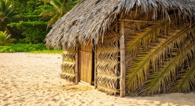 Tropical beach hut with thatched roof, palm leaf walls, and sandy foreground