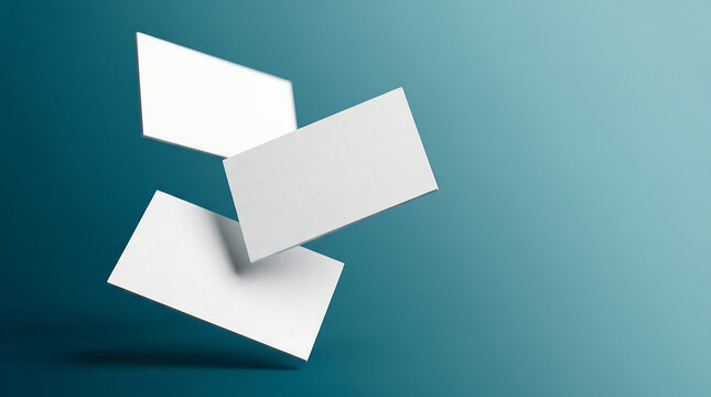 Blank business cards floating in a minimalist composition with a clean teal gradient background