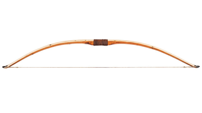 Traditional wooden longbow with taut string isolated on transparent background. Archery equipment for target practice and hunting. Historical weapon and outdoor sport. Rustic craftsmanship