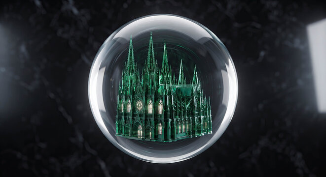 Emotionless digital cathedral glows inside glass sphere. Dark marble background enhances futuristic glow. Green spires pulse with inner light, suspended in glass. Ideal for cyberpunk, tech