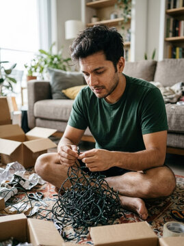 Young man sitting on floor untangling Christmas lights surrounded by boxes in living room