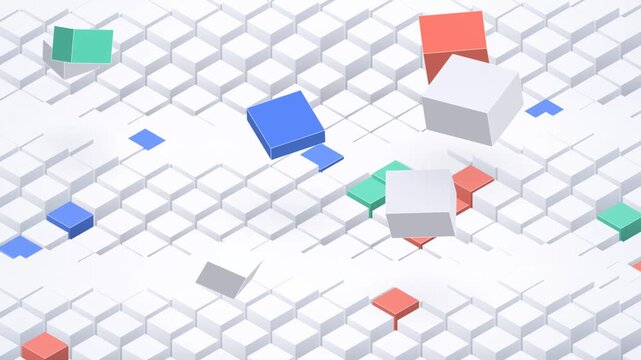 Abstract isometric background with moving colorful cubes floating above a grid of white geometric shapes