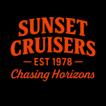 A vintage sunset cruisers typography design featuring vibrant orange retro lettering with established year 1978 and inspirational chasing horizons phrase displayed proudly across the apparel