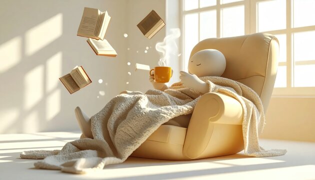 Relaxed woman reading in cozy room.