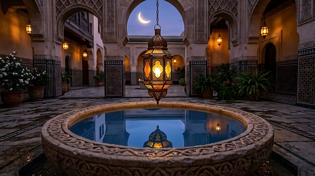 Traditional courtyard fountain with hanging Ramadan lantern.