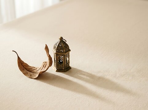 Small decorative lantern and dried leaf on textured fabric surface.