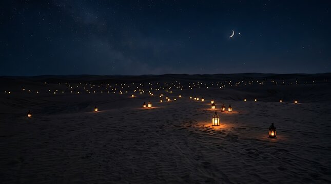 Vast desert landscape dotted with numerous lanterns at night.