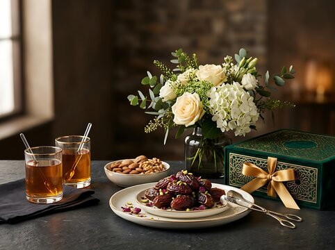 Ramadan iftar spread with dates nuts tea and flowers for celebration.