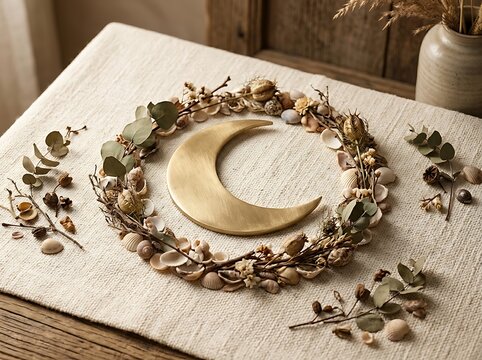Golden crescent moon inside floral wreath for Ramadan decorations and table setting.