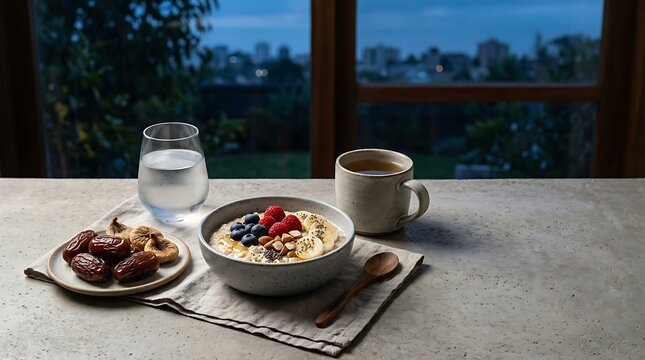 Healthy breakfast bowl with fruits, nuts, and dates.