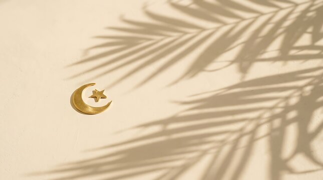 Golden crescent moon and star ornament decoration on beige background with palm leaf shadows.