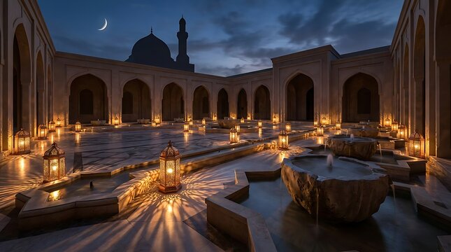Courtyard with mosque, fountains, and lanterns at dusk.