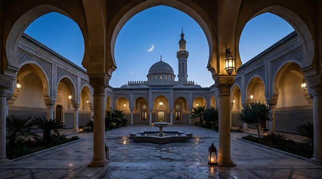 Intricate mosque architecture and courtyard with crescent moon.