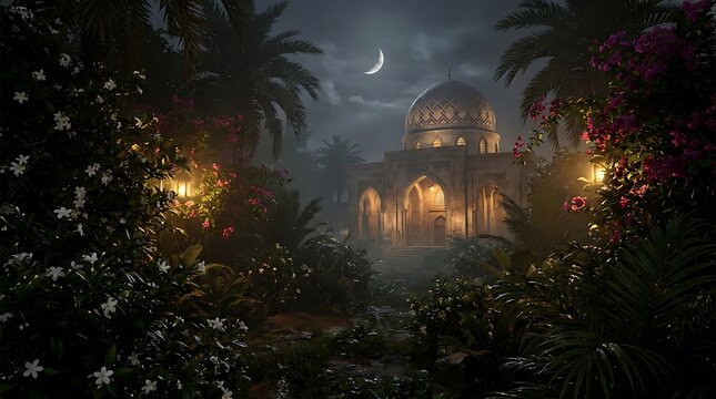 Enchanting mosque in jungle at night with lanterns and flowers.