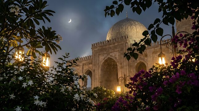 Mosque with ornamental dome framed by lush green foliage and flowers.