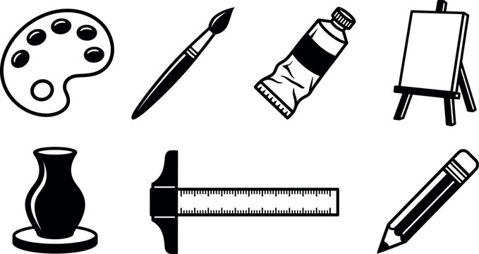 Art Supplies and Fine Art Studio Icon Collection Featuring Painting Palette Brush Paint Tube Easel Canvas Pottery Vase T Square Ruler and Pencil Vectors