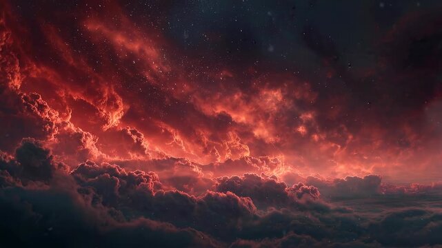 Fiery red and orange storm clouds slowly rolling over dark horizon at dusk, 4k seamless loop, dramatic sunset sky motion background