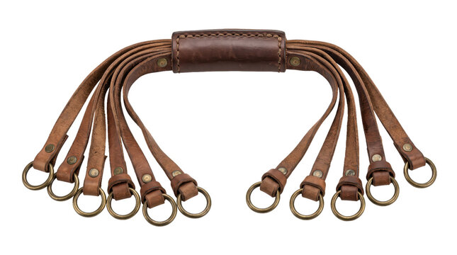 Multiple brown leather straps with brass rings arranged in a curved bundle on transparent background. Leather craft and hardware supply. Repair, upholstery and DIY materials.