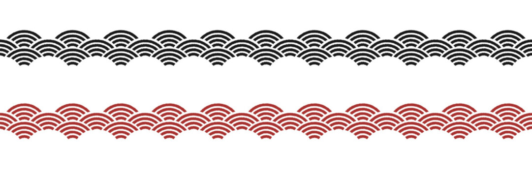 Traditional Japanese seigaiha wave seamless pattern border in gray and red, featuring repeating semicircular ocean waves, textured brush strokes, and elegant oriental decorative design 