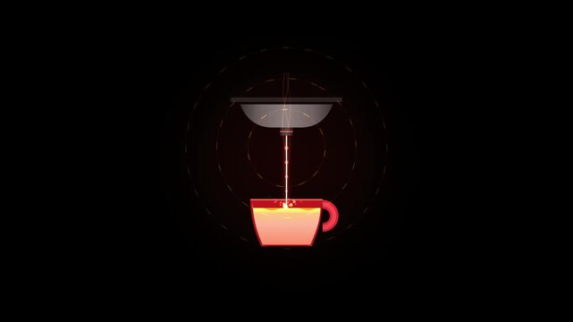 Abstract coffee preparation animation with glowing liquid pouring from dripper into a cup, hot drink