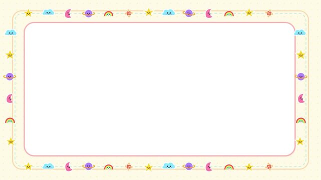 Cute cartoon sky and space theme animated border frame with smiling stars, planets, rainbow and copy space for kids nursery rhymes and kindergarten video