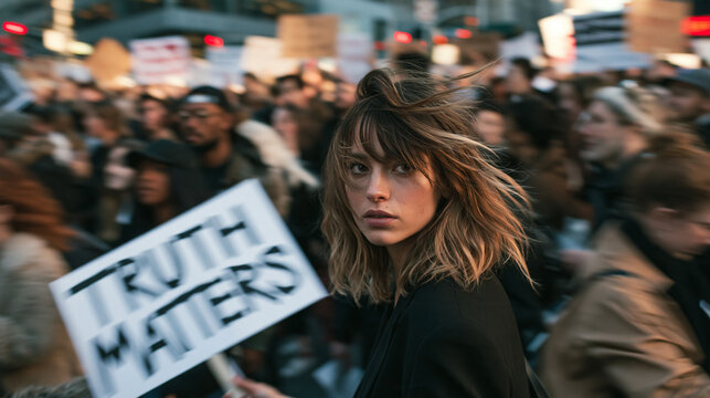 Young Woman at Street Demonstration with Protest Sign