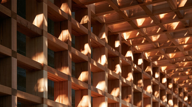 Modern Wooden Lattice Architecture with Dappled Sunlight