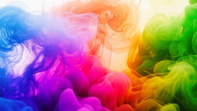 Vibrant colorful ink swirling in water with rainbow spectrum mixing and abstract fluid art background