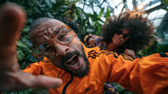 Stylish Friends Taking Dynamic Selfie in Lush Greenhouse