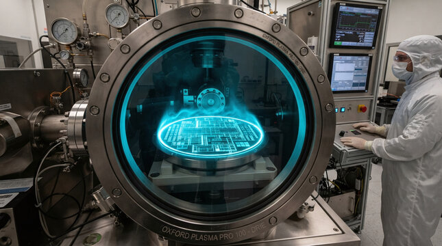 Cyan glowing plasma in deep reactive ion etching chamber processing silicon wafer