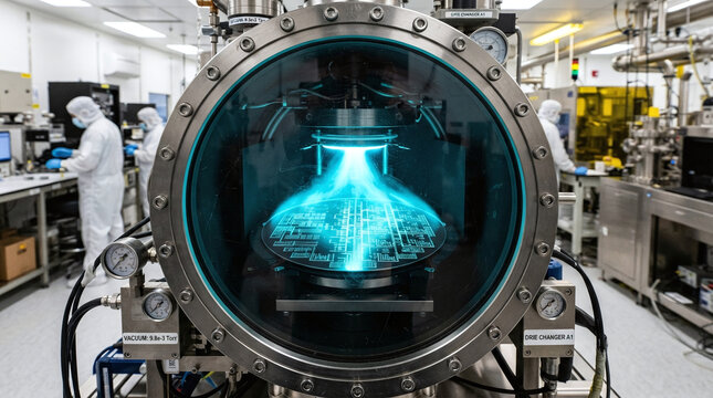 Cyan glowing plasma in deep reactive ion etching chamber processing silicon wafer