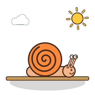 Orange snail crawling under a sun and cloud white background