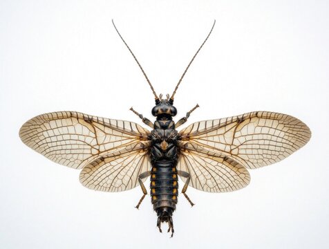 Macro shot of black stonefly insect isolated on white background. Plecoptera specimen shows detailed wings, long antennae, segmented body. Biology teacher fly fishing enthusiast uses natural