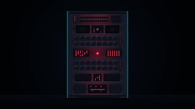 Cinematic dark motion graphics of a modern server rack experiencing cyber attack system breach cascading failure and blackout in a seamless 10-second loop.