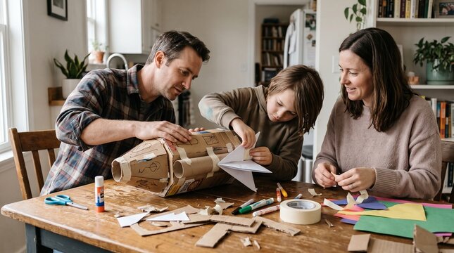 Parents and child creating a cardboard spacecraft model during a hands-on family craft activity.