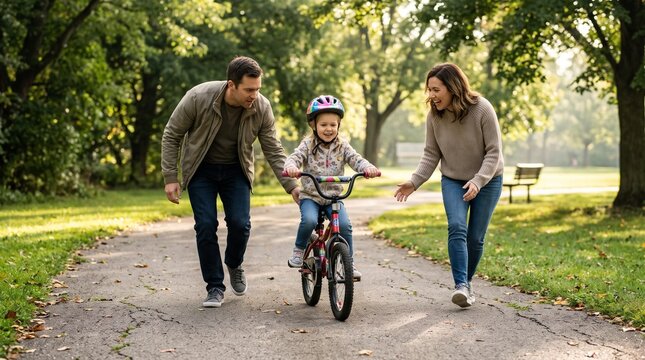 Parents helping their child learn bicycle riding during a family outdoor activity.
