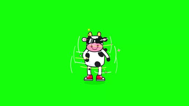 Cute Cartoon Cow in Sunglasses and Red Sneakers Dancing Disco on Green Screen, Seamless Loop Flat Vector Animation